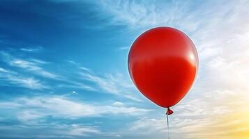 A vibrant red balloon floating against a clear blue sky with wispy clouds at sunset photo