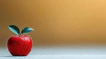 A vibrant red apple with dew drops and green leaves on a soft, blurred background photo