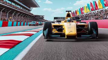 A vibrant race scene featuring a yellow race car leading on a track with spectators and flags photo