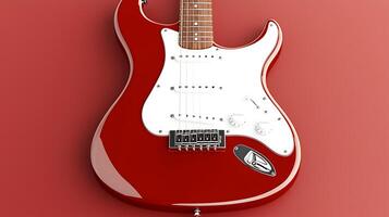 A vibrant red electric guitar displayed against a smooth, contrasting background, showcasing its design photo