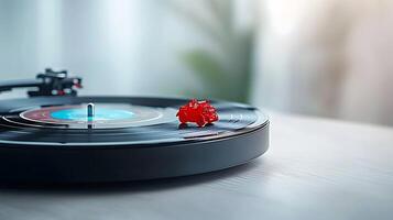 A vibrant red gummy bear sits atop a spinning vinyl record on a wooden table, with soft background light photo