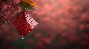 A vibrant red diamond-shaped object adorned with raindrops hangs from a branch amidst blurred floral background photo