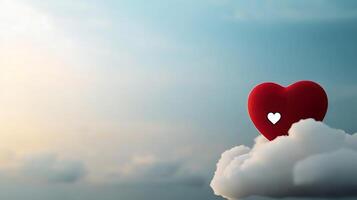 A vibrant red heart-shaped object resting on a fluffy cloud against a serene sky backdrop photo