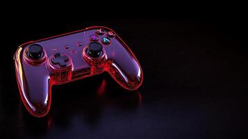 A vibrant red gaming controller resting on a dark surface, illuminated by soft lighting photo