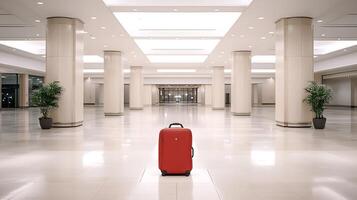 A vibrant red suitcase stands alone in a spacious, modern airport terminal with tall columns photo