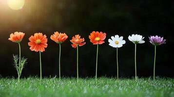 A vibrant row of blooming flowers in various colors against a blurred green background photo
