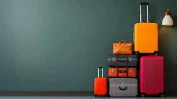 A vibrant stack of colorful luggage against a green wall, showcasing travel essentials and a lamp photo