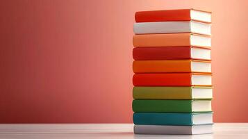 A vibrant stack of colorful books arranged neatly on a table against a soft gradient background photo