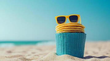 A vibrant stack of yellow pancakes wearing sunglasses in a beach setting with waves in the background photo