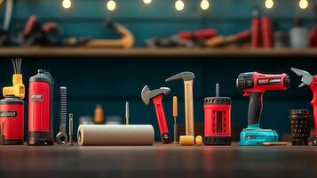 A vibrant workshop scene featuring various tools arranged neatly on a workbench with warm lighting photo