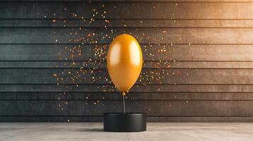 A vibrant yellow balloon bursts against a textured gray wall, scattering confetti in the air photo