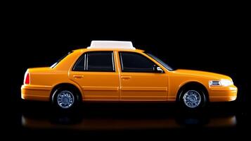 A vibrant yellow taxi cab parked against a dark backdrop, showcasing its sleek design and features photo