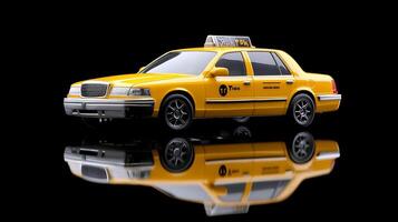 A vibrant yellow taxi cab model displayed against a sleek black background, reflecting its design photo