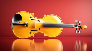 A vibrant yellow violin rests on a reflective surface against a bold red background, showcasing elegance photo