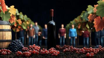 A vineyard scene featuring a wine bottle surrounded by grapes and people harvesting in the background photo