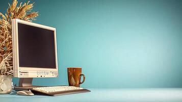 A vintage computer setup with a cup of coffee and decorative plants on a teal background photo