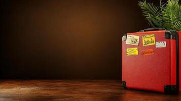 A vintage red suitcase adorned with travel stickers, set against a warm, inviting background photo