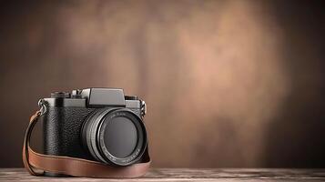 A vintage-style camera positioned on a wooden surface with a blurred, warm-toned background photo