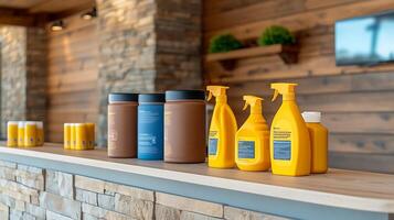 A well-organized shelf displaying various cleaning products in a rustic wooden interior setting photo