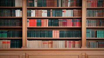 A well-organized wooden bookshelf filled with colorful books in a cozy library setting photo