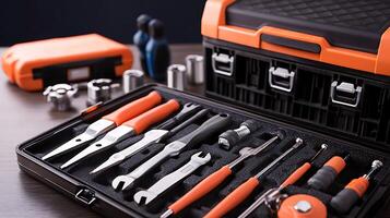 A well-organized toolbox filled with various hand tools on a wooden surface, ideal for DIY projects photo