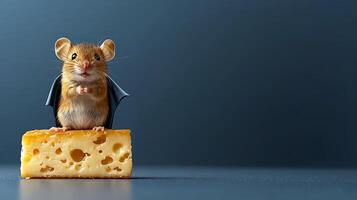 A whimsical mouse wearing bat wings stands on a piece of cheese against a dark background photo