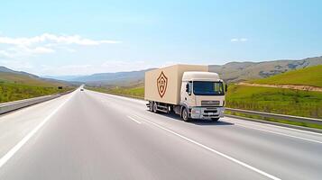 A white delivery truck driving on a scenic highway surrounded by lush green hills under a clear sky photo