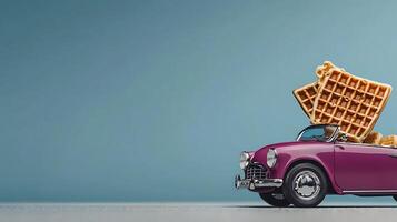 A whimsical scene featuring a vintage car topped with golden waffles against a minimalist backdrop photo