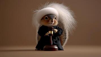 A whimsical squirrel dressed as a judge, holding a gavel, set against a neutral background photo