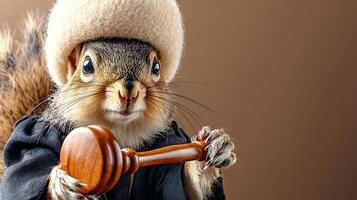 A whimsical squirrel wearing a judge's robe and wig, holding a gavel in a playful courtroom setting photo