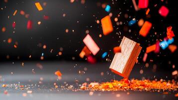 A wooden block suspended in mid-air surrounded by colorful confetti, creating a festive atmosphere photo