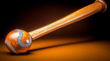 A wooden baseball bat and ball positioned dramatically against a warm gradient background photo