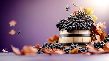 A wooden barrel overflowing with ripe grapes surrounded by autumn leaves and flying insects photo