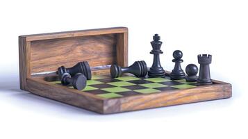 A wooden chessboard displaying black pieces in mid-game, set against a plain background photo