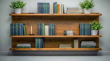 A wooden bookshelf filled with books and plants, showcasing a clean and organized home office photo