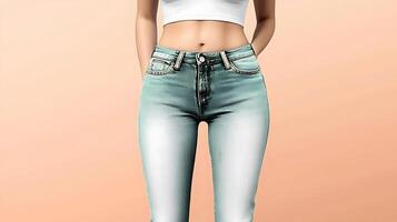 A young woman in a cropped top and high-waisted jeans poses confidently against a soft backdrop photo