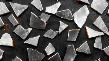 Abstract arrangement of broken metallic shards on a dark surface, showcasing texture and light reflections photo