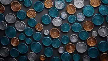 Abstract arrangement of circular decorative elements in teal, silver, and gold on a dark background photo