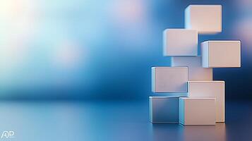 Abstract arrangement of white cubes on a soft blue background, creating a minimalist aesthetic photo