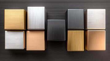 Abstract arrangement of metallic cubes in various finishes on a textured background photo
