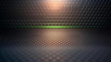 Abstract background featuring a hexagonal pattern with a green glow and reflective surface photo