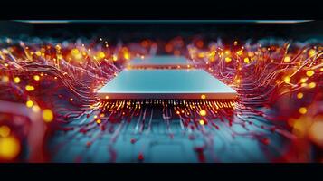 Abstract close-up of a futuristic circuit board with glowing connections and microchips photo