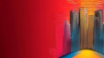 Abstract city skyline with vibrant colors and digital patterns creating a modern atmosphere photo