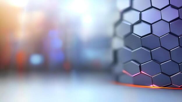 Abstract close-up of a hexagonal pattern with glowing edges, set in a futuristic environment photo