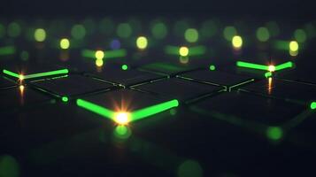 Abstract close-up of glowing green squares with soft bokeh lights in a dark background photo