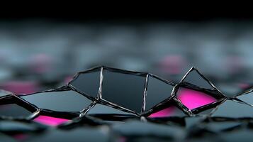 Abstract close-up of fragmented glass-like surfaces reflecting pink and black hues in a blurred background photo