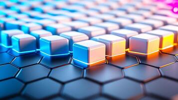 Abstract close-up of illuminated hexagonal grid with glowing keys, showcasing futuristic technology photo