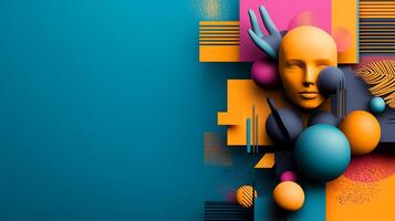 Abstract composition featuring a stylized human face and colorful geometric shapes on a blue background photo