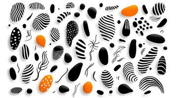Abstract composition of black and orange shapes with varying patterns on a white background photo