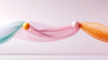 Abstract composition of flowing fabrics and colorful spheres against a soft gradient background photo